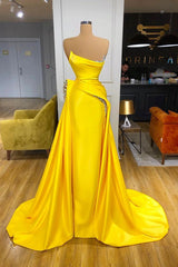 Bright Yellow Strapless Metallic Sequin Overskirt Prom Dress