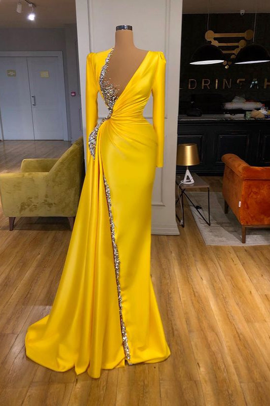 Bright Yellow V-neck Metallic Sequin Long sleeves Prom Dress