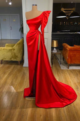 Bubble Sleeve One-shoulder Red High-split Long Evening Dress
