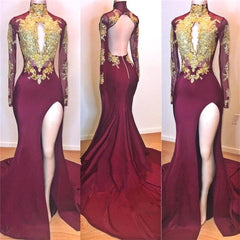 Burgundy Gold Appliques Long Sleevess Side Slit Open Back Mermaid Prom Dresses