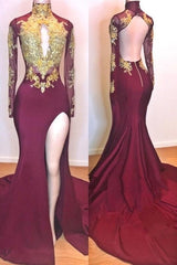 Burgundy Gold Appliques Long Sleevess Side Slit Open Back Mermaid Prom Dresses