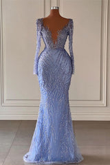 Chic V-Neck Long Sleeves Mermaid Prom Dresses with Beads