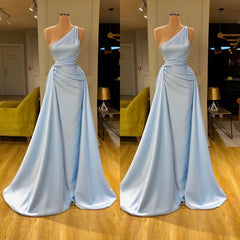 Elegant Light Blue One-shoulder Overskirt Soft-pleated Prom Dress