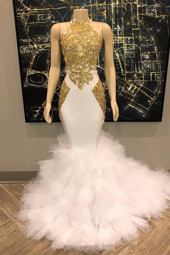 Elegant White And Gold Mermaid Prom Dress Sequins High Collar Chiffon Long