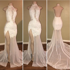 Elegant White Lace Halter Prom Party GownsMermaid Backless Party Dress With Slit