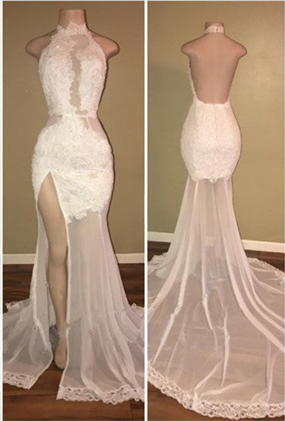 Elegant White Lace Halter Prom Party GownsMermaid Backless Party Dress With Slit