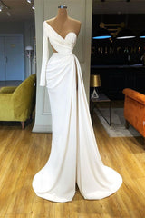 Elegant White Long Sleeve One Shoulder Prom Dress With Split