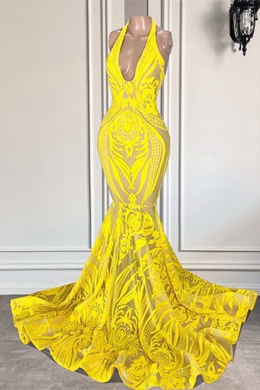 Mermaid Halter Floor-length Sleeveless Open Back Appliques Lace Prom Dress