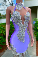 Mermaid High Neck Floor-length Sleeveless Open Back Appliques Lace Beaded Prom Dress With Feather