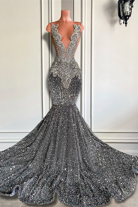 Mermaid Jewel Sequined Floor-length Sleeveless Appliques Lace Prom Dress