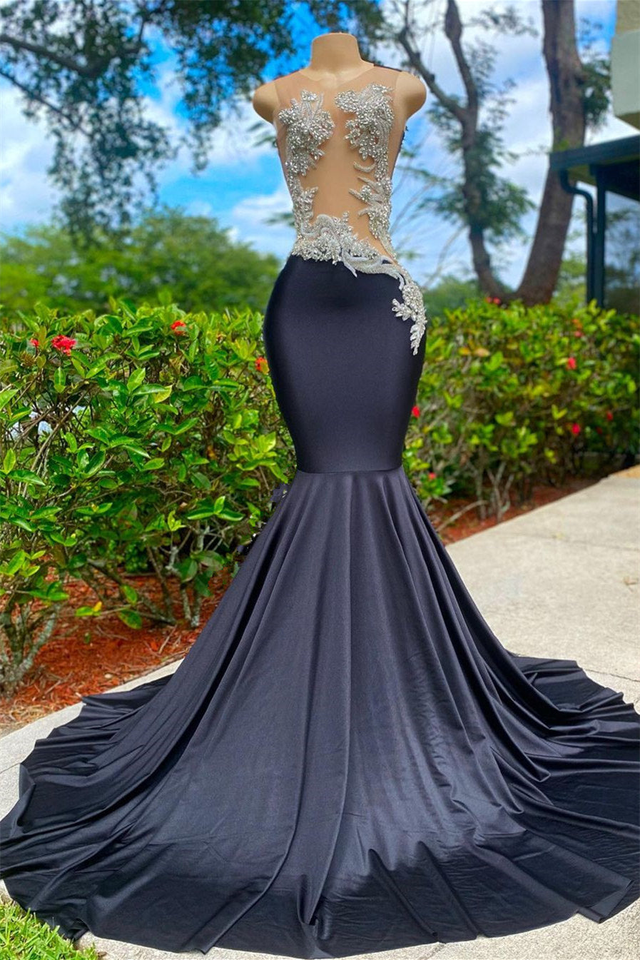 Mermaid V-neck Appliques Lace Sequined Open Back One Shoulder Floor-length Sleeveless Prom Dress