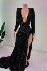 Mermaid V-neck High Split Sequined Floor-length Long Sleeve Prom Dress