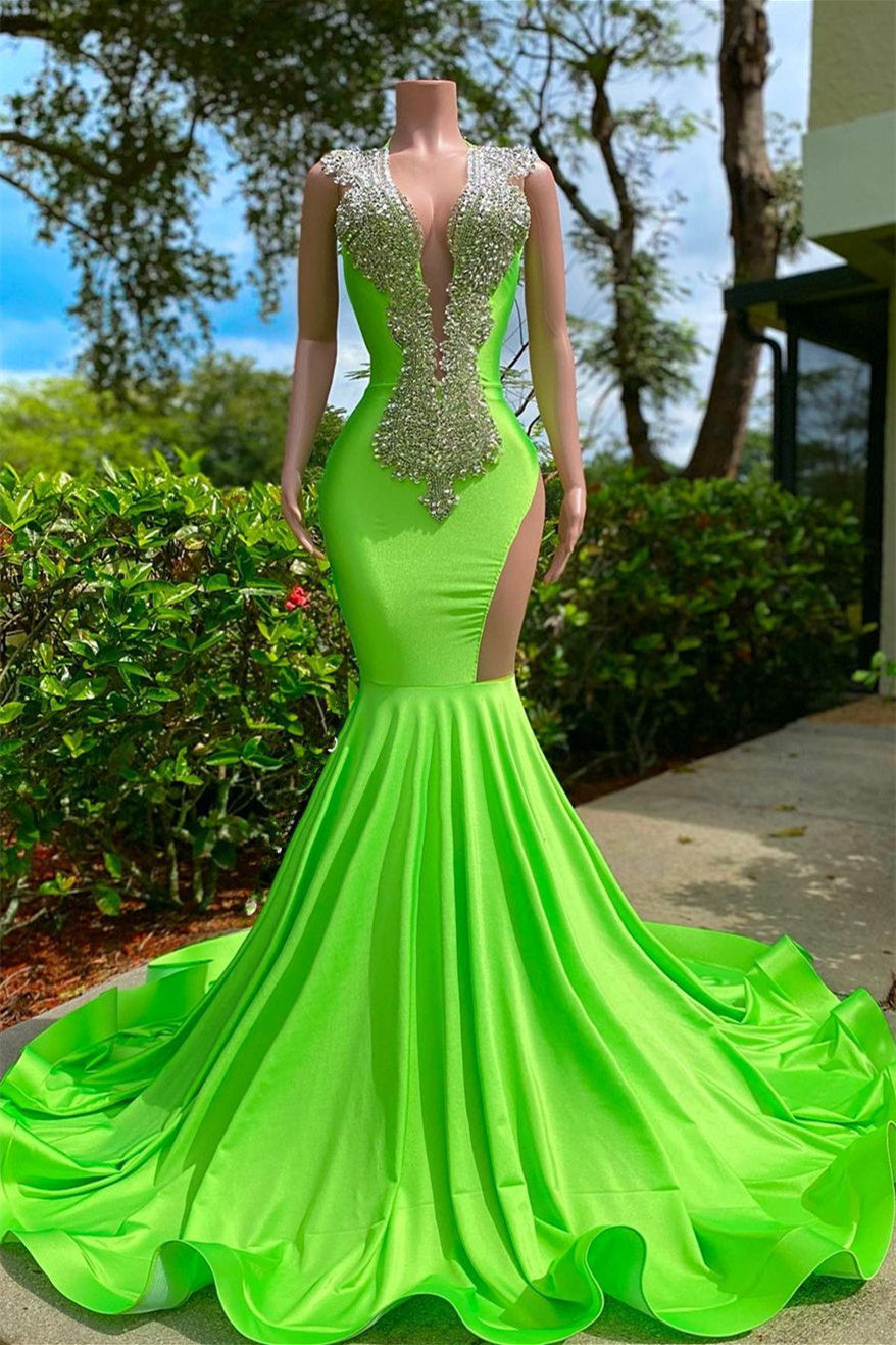 Mermaid V-neck Sequined Open Back Floor-length Sleeveless Lace Beading Prom Dress