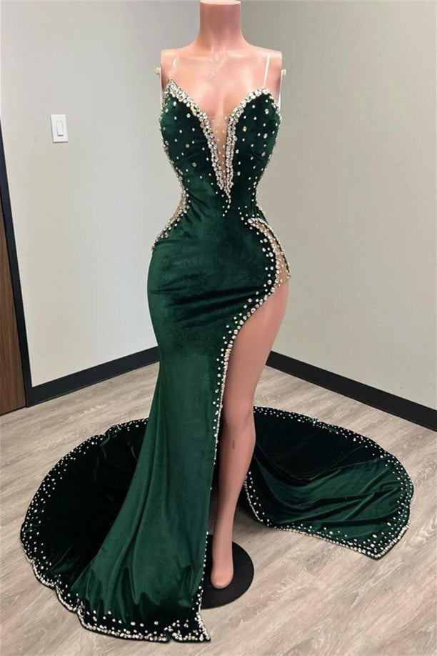Mermaid V-neck Spaghetti strap Beaded High Split Floor-length Sleeveless Prom Dress