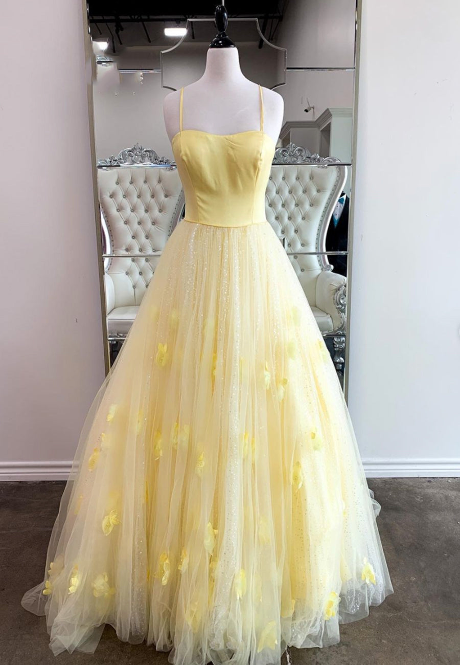 Yellow Spaghetti Strap Long Prom Dresses, A-Line Evening Dresses