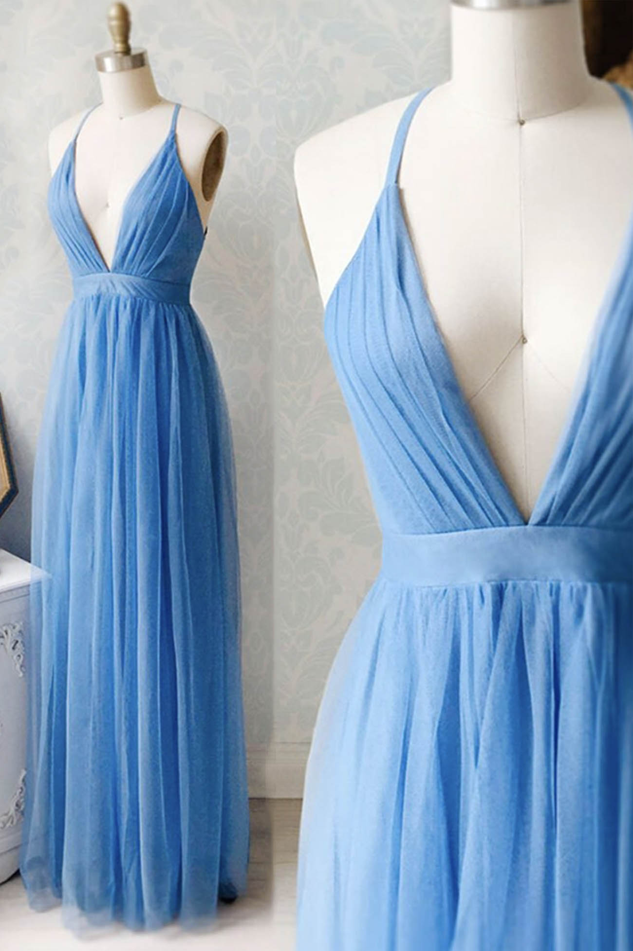 A-Line Tulle Long Prom Dresses, Simple V-Neck Party Dresses