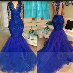 2024 Long Sleeve Royal Blue V-neck Tulle Mermaid Prom Dresses