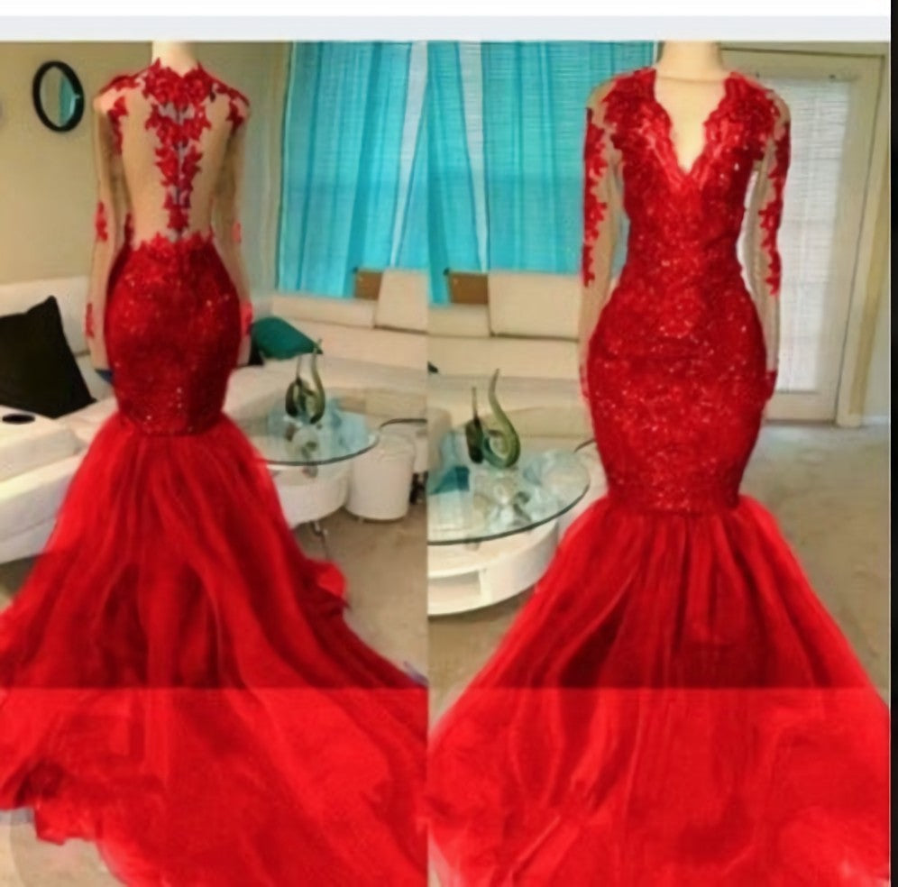 2024 Red Appliques Long Sleeve V-neck Prom Dresses