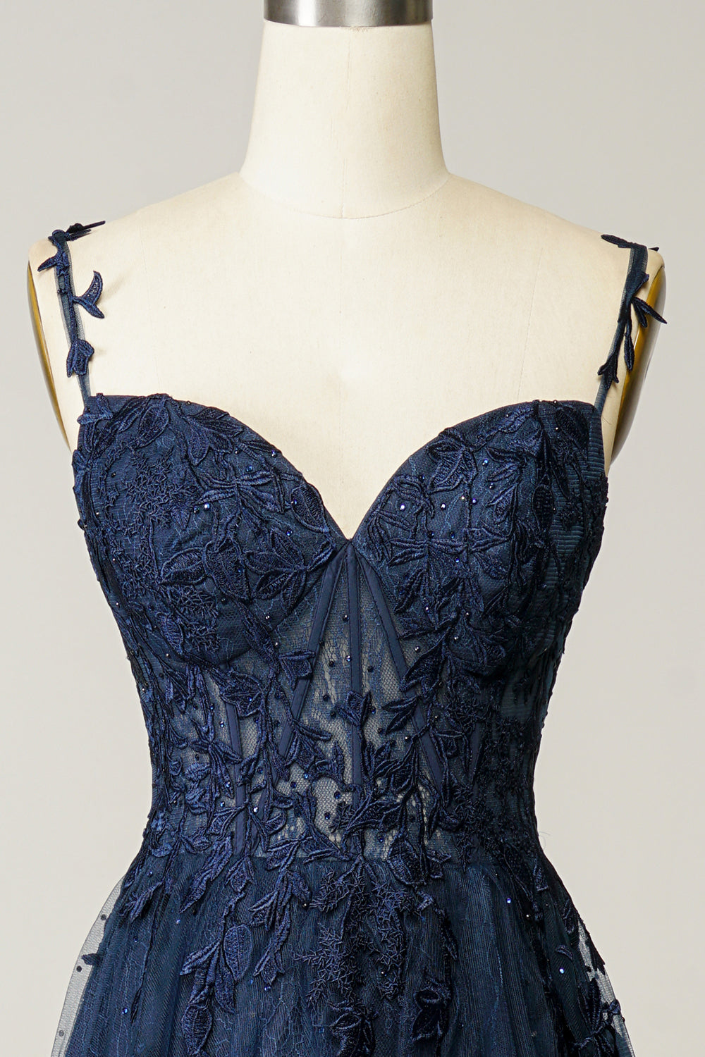 A Line Spaghetti Straps Navy Prom Dress with Appliques