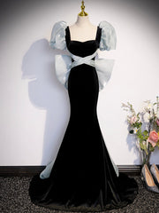 Black Velvet Long Prom Dress, Mermaid Evening Party Dress with Bow