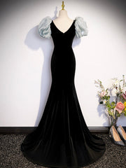 Black Velvet Long Prom Dress, Mermaid Evening Party Dress with Bow