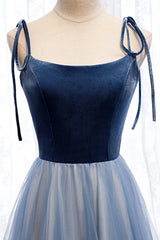 Blue Velvet Tulle Long Prom Dresses, A-Line Evening Dresses