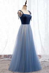 Blue Velvet Tulle Long Prom Dresses, A-Line Evening Dresses
