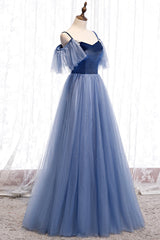 Blue Velvet Tulle Long Prom Dresses, Blue A-Line Evening Dresses