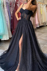 Black A Line Spaghetti Straps Prom Dresses with Slit, Sparkly Evening Gown