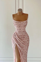 New Arrival Pink Sequins Sleeveless Evening Dresses With Split