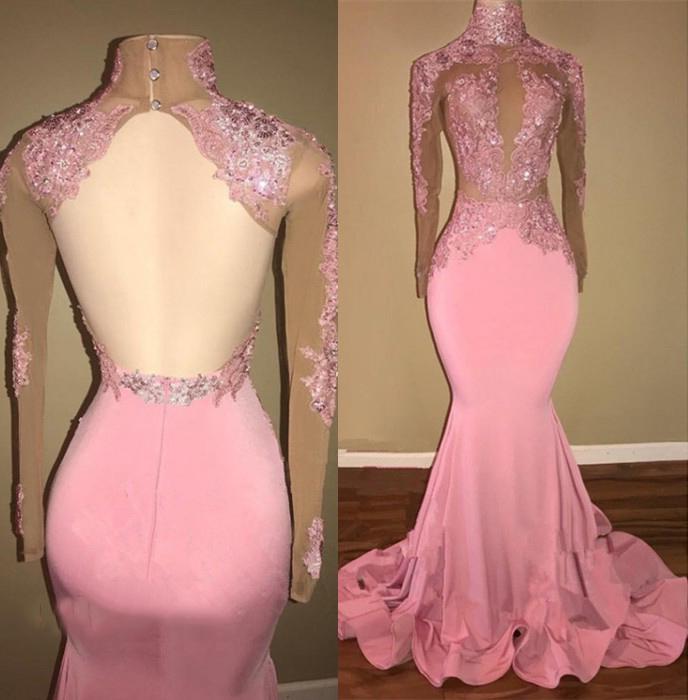 Alluring Pink Mermaid Long Sleeves Backless Elastic Satin Open Front High Neck Prom Dresses
