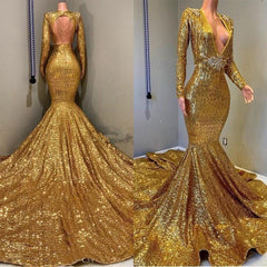 2024 Sexy Mermaid Gold V Neck Backless Long Sleeves Sequence African American Prom Dresses