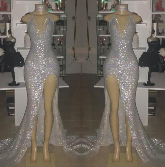 2024 Sexy Silver Halter V-neck Side Split Sequins Prom Dresses