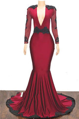 2024 Elegant Mermaid/Trumpet V Neck Long Sleeve Applique Beaded Backless Satin Prom Dresses