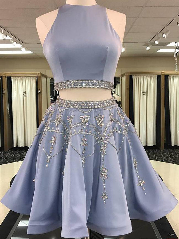 2024 A-Line Jewel Neck Sleeveless Cut Out Back Beading Two Piece Cut Short/Mini Homecoming Dresses