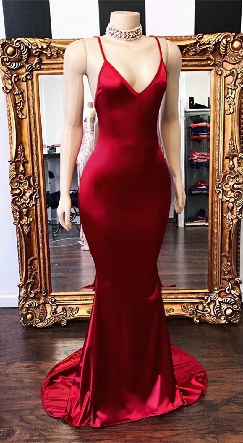 2024 New Arrival Red Mermaid V Neck Backless Elastic Satin Prom Dresses