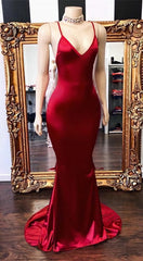 2024 New Arrival Red Mermaid V Neck Backless Elastic Satin Prom Dresses