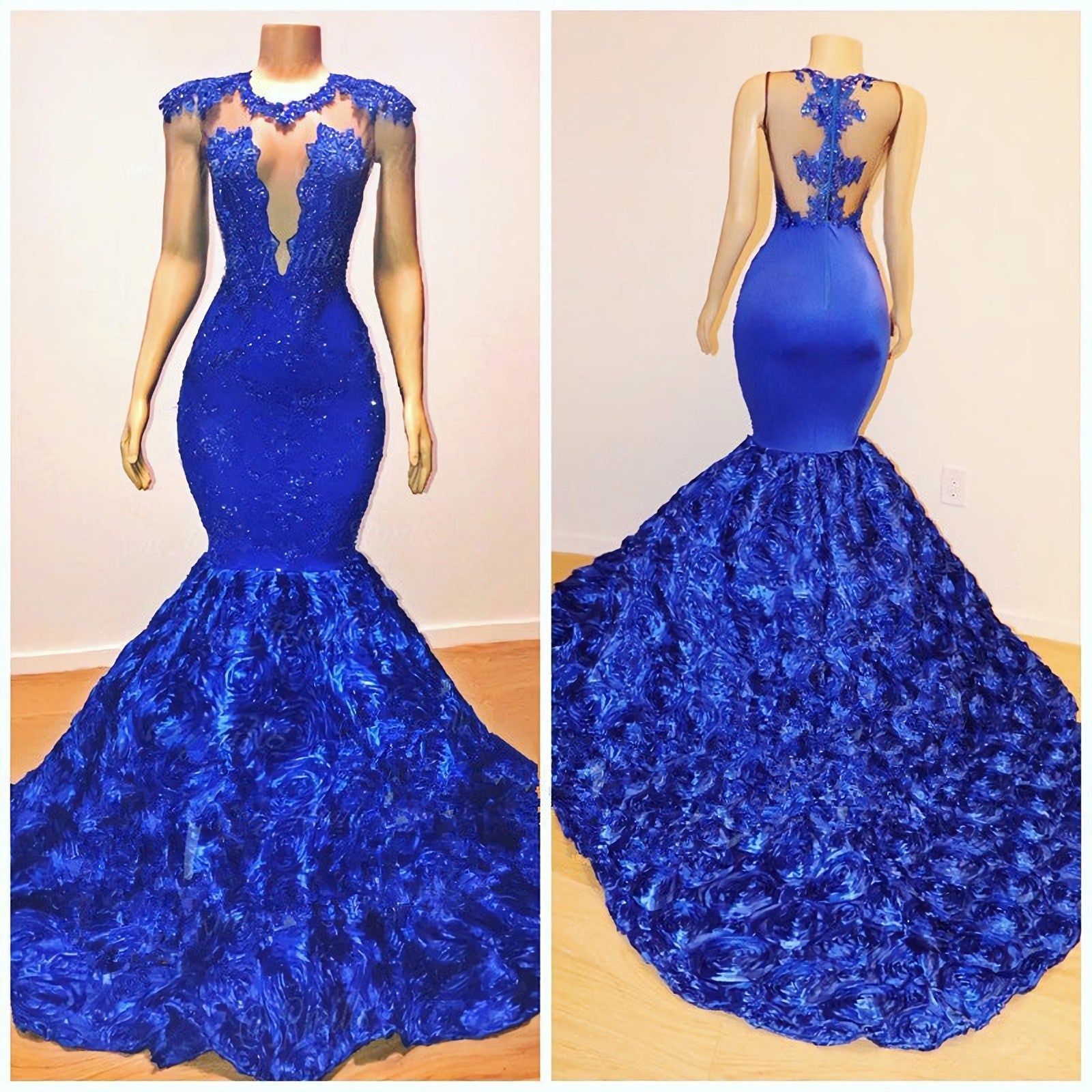 2024 Mermaid Royal Blue Open Front Rose Lace Prom Dresses