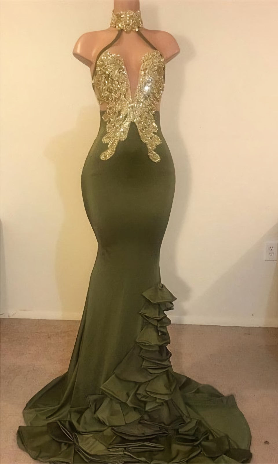 2024 New Arrival Mermaid High Neck Beaded Green Ruch Backless Prom Dresses