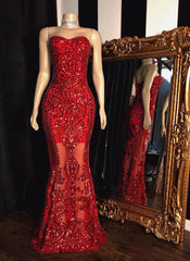 2024 Red Sheath Sweetheart Strapless Floor Length Tulle Lace Prom Dresses