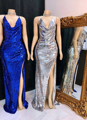 2024 Silver Halter Sequence Side Slit Backless Long Prom Dresses