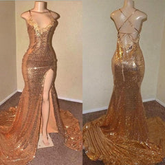 2024 Gold Halter Lace Up Back Sequence Side Slit Long Prom Dresses