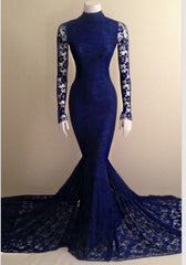 2024 Mermaid Long Sleeves Royal Blue Lace High Neck Long Prom Dress