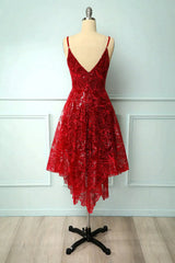Burgundy Lace V-Neck Short Prom Dress, A-Line Irregular Hem Party Dress