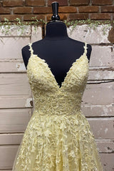 Yellow V-Neck Lace Long Prom Dress, A-Line Evening Dress