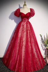 Burgndy Tulle Short Sleeve Formal Evening Dress, A-Line Long Prom Dress