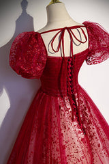 Burgndy Tulle Short Sleeve Formal Evening Dress, A-Line Long Prom Dress