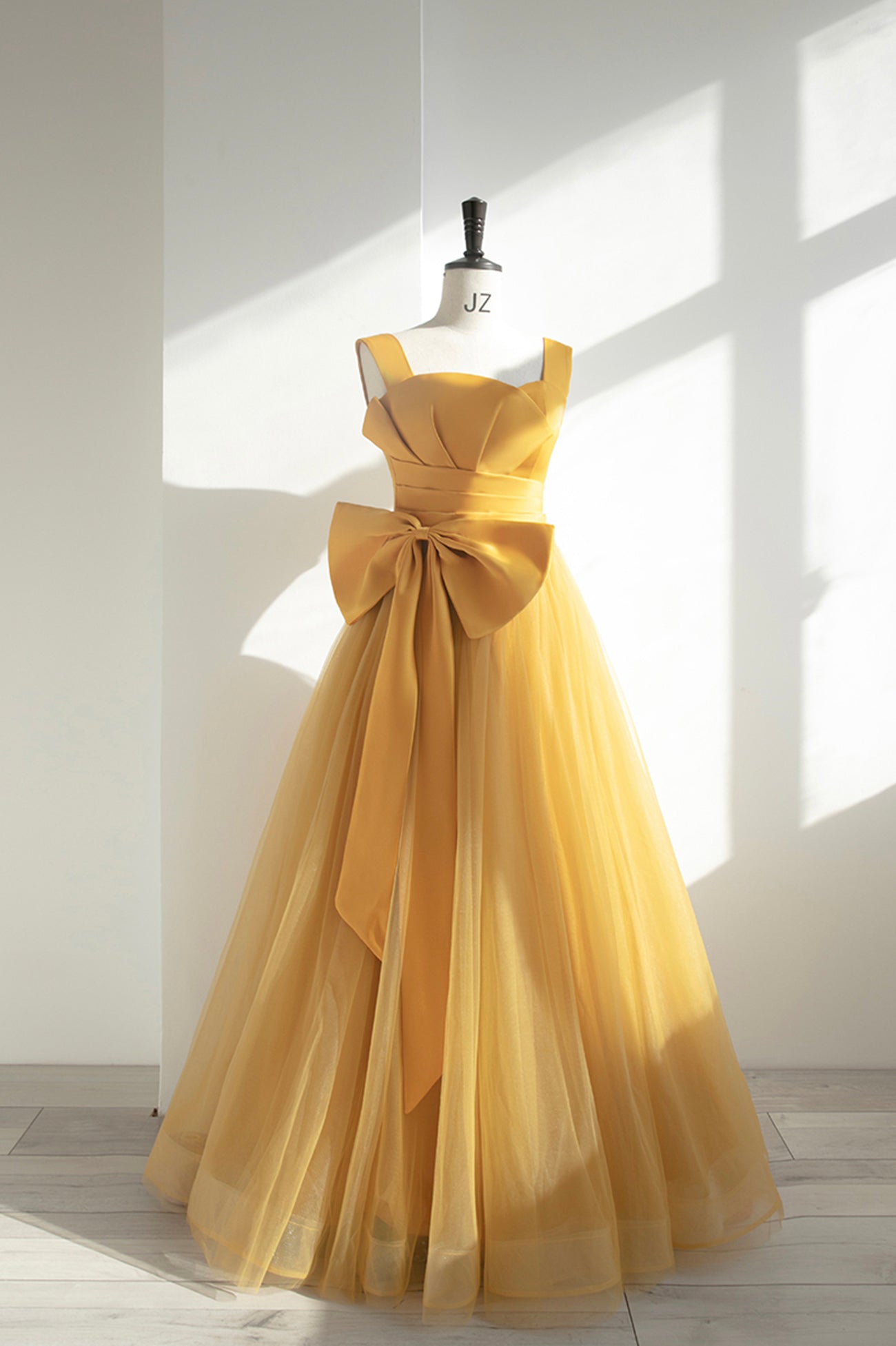 Yellow Satin Tulle Long Prom Dress, A-Line Evening Dress with Bow
