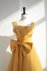 Yellow Satin Tulle Long Prom Dress, A-Line Evening Dress with Bow