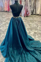 A-Line Velvet Tulle Long Prom Dresses, V-Neck Evening Dresses